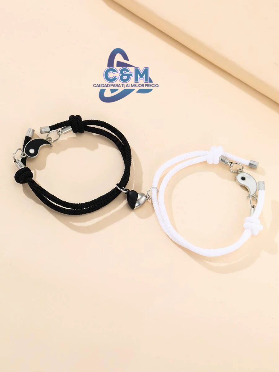 PULSERA YIN YANG PAREJA BLANCO Y NEGRO CON CORAZON P31